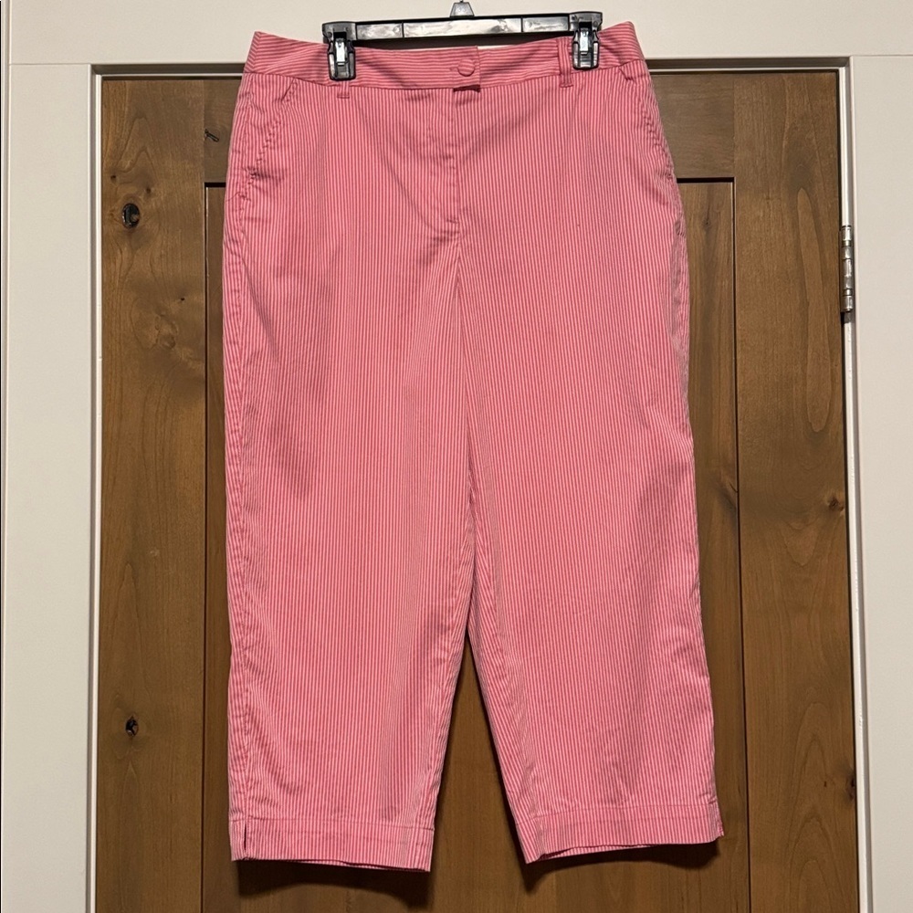 Talbots Pink Pinstriped Cropped Pants Womens 14 wide leg pockets cotton Preppy